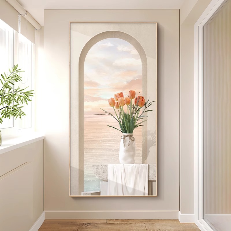 奶油风玄关装饰画海景日出绿植花卉壁画北欧竖版高档走廊过道挂画图片