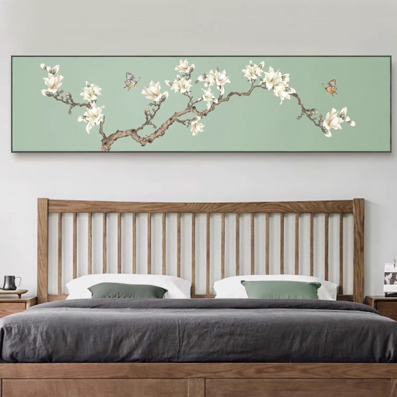 新中式卧室床头装饰画主卧房间横幅挂画客厅背景墙壁画民宿花卉画图片