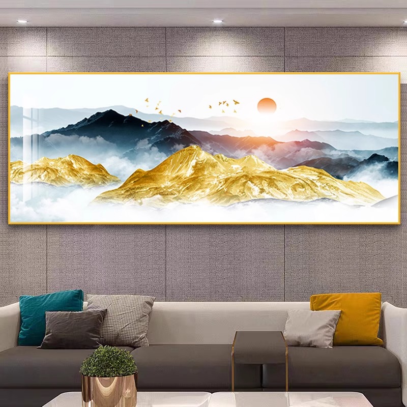 背靠金山客厅装饰画现代简约沙发背景墙挂画新中式横版大气山水画图片