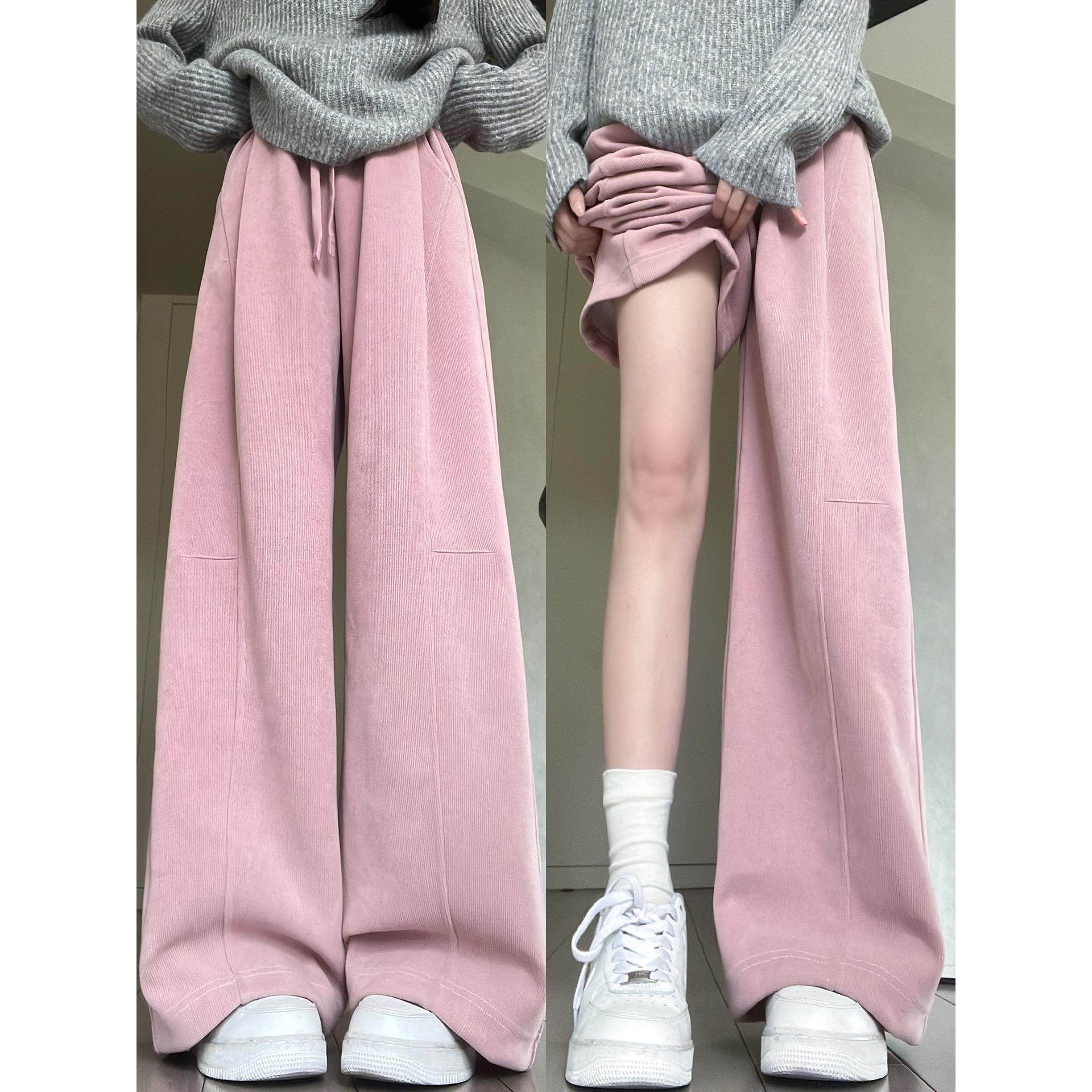 粉色灯芯绒阔腿裤女秋季新款高腰显瘦休闲运动小个子冬季加绒卫裤,女装/女士精品,休闲裤,淘宝优惠券,粉丝福利购,淘宝优惠卷