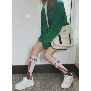 欧美3D彩绘打印花袜子女 ins潮涂鸦夏薄网红款金银丝小腿堆堆长袜