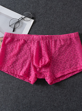 男士时尚蕾丝平角性感透明修身中低腰透明内裤