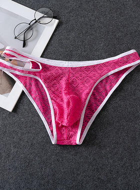 男士时尚蕾丝三角性感囊袋透明修身内裤