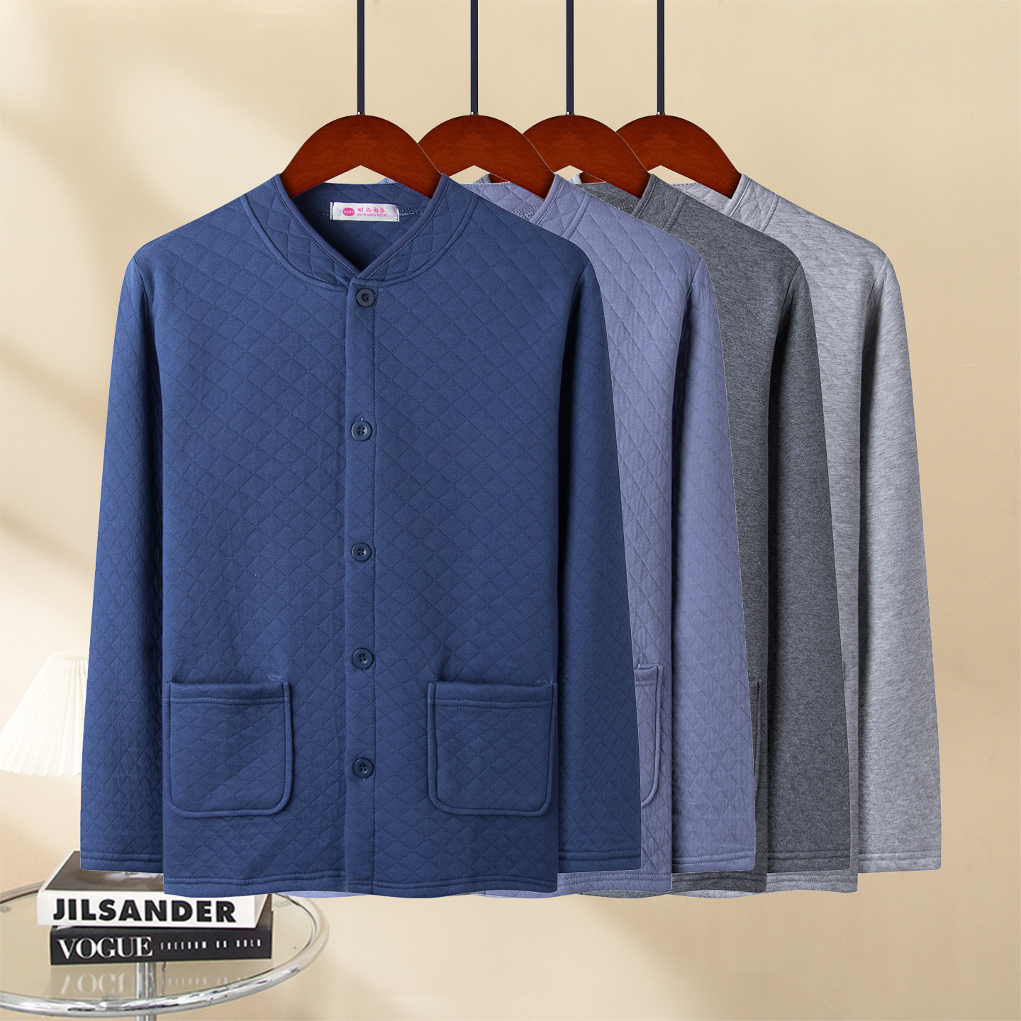 中老年男士纯棉三层夹棉开衫保暖内衣加厚对襟菱格纹纽扣上衣大码