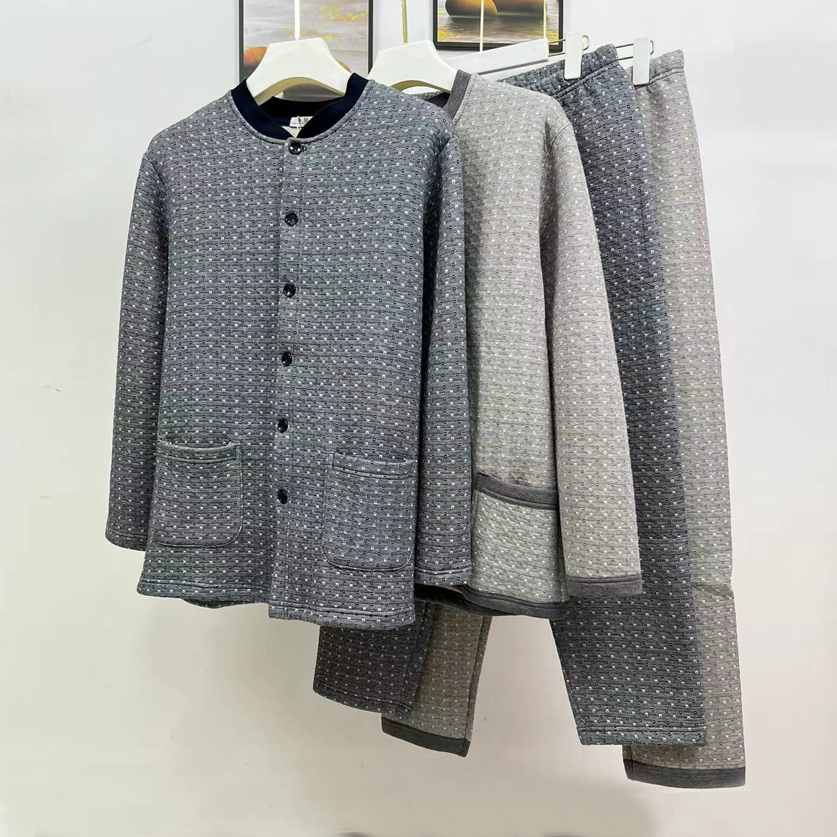 男纯棉三层夹棉保暖开衫套装