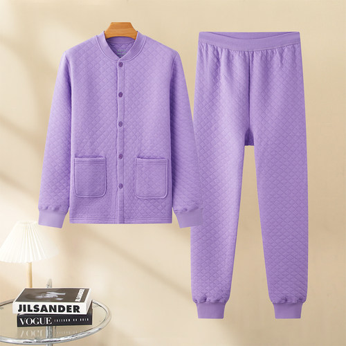 中老年女士三层夹棉开衫保暖套装