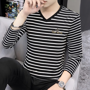2025新款纯棉细条纹t恤男款秋季潮流上衣V领t恤男士长袖修身薄款