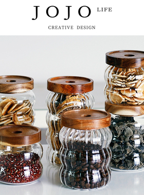 JOJO'S L. PD.limb.条纹玻璃食品级密封罐咖啡豆干果储物罐|肢任