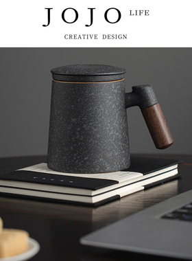 JOJO'S L. PD.紫泉涧.马克杯青石釉茶水分离泡茶杯带盖水杯 |且深