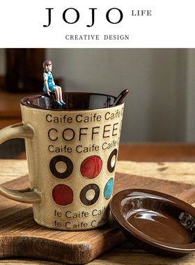 JOJO'S L. PD.Female.咖啡杯手绘拿铁卡布奇诺带盖勺陶瓷 | 圆点
