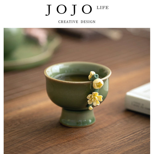 紫泉涧手工捏花品茗杯茶盏主人杯