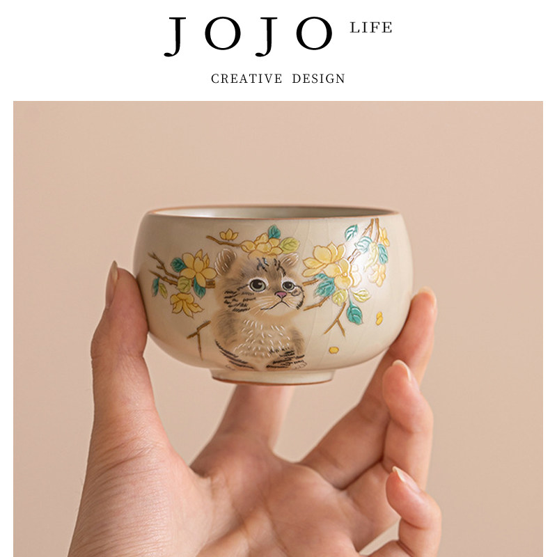 JOJO'S L. PD.紫泉涧.茶杯仿宋米黄汝窑萌猫大容量水杯家用 |见义