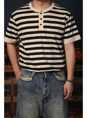 Striped Henley T-shirt 复古日常通勤亨利领条纹短袖T恤 海魂衫