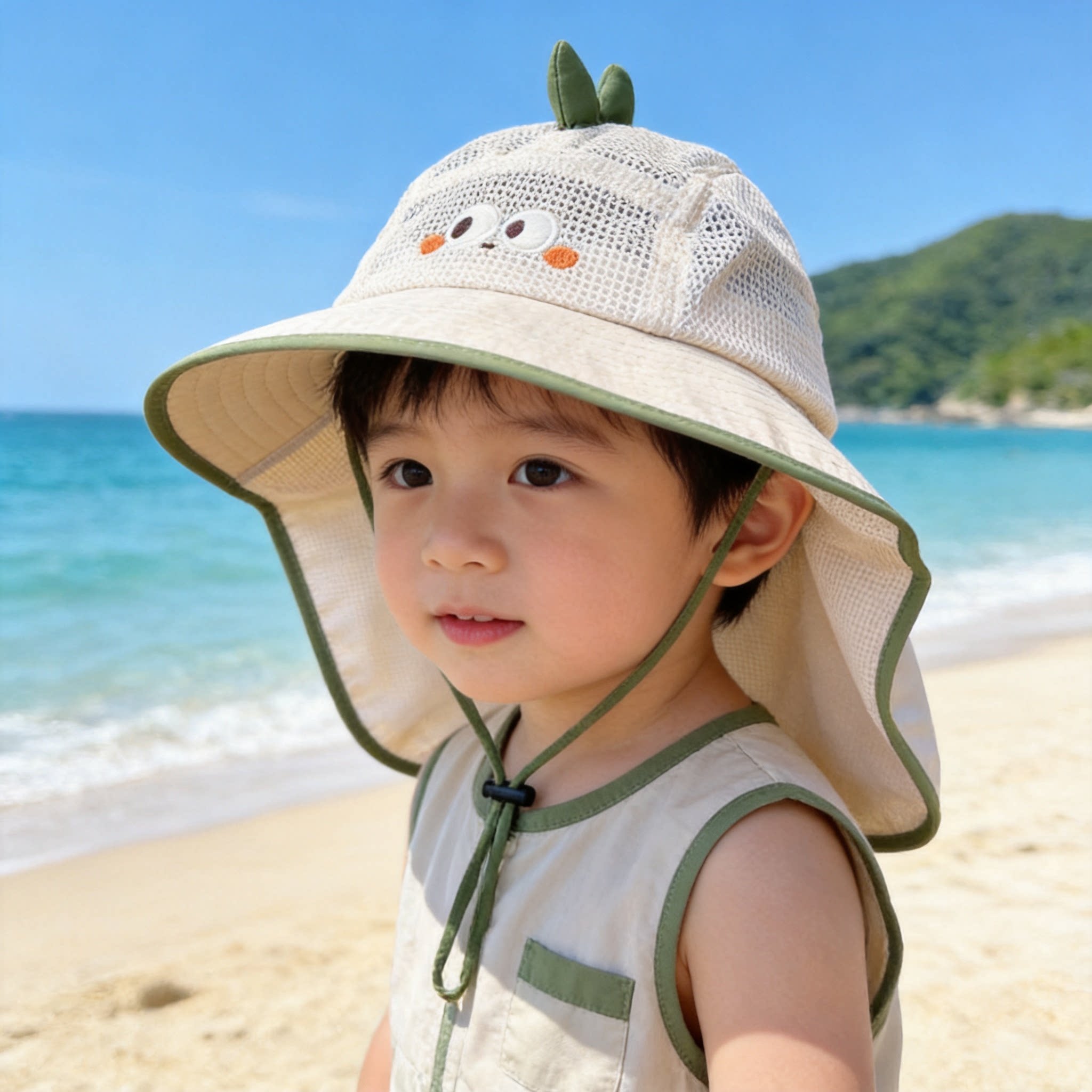 韩国儿童出游护脖渔夫帽夏季儿童户外遮阳防晒帽男女童大檐披肩帽