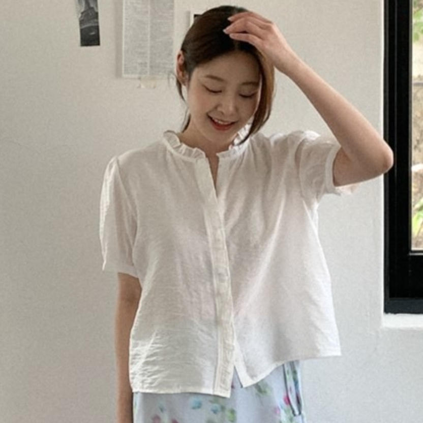 韩国代购直邮2026夏Heylady极简文艺风白色亚麻短袖衬衫舒适休闲