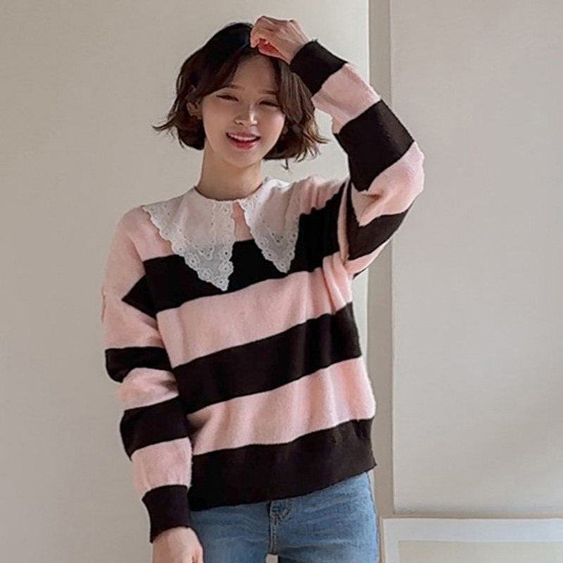 韩国代购直邮Leelin春甜美可爱风条纹套头毛衣拼色圆领长袖针织衫