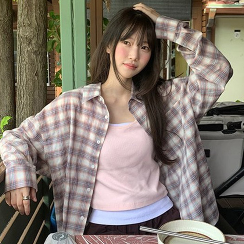 韩国代购直邮2026秋Flily休闲宽松百搭学院风格纹纹长袖衬衫女