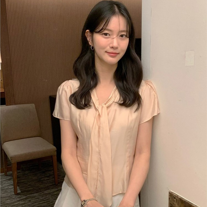 韩国代购直邮2026夏ordinairement甜美淑女温柔飘带圆领短袖衬衫