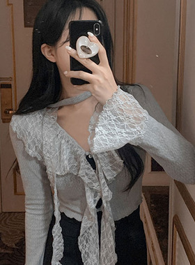 韩国直邮Secondesecon秋百搭时尚气质温柔蕾丝修身V领长袖针织衫