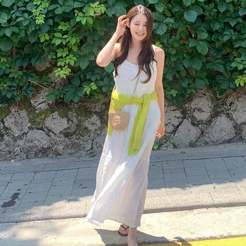 韩国代购直邮2026夏Heylady度假风白色吊带连衣裙显瘦长裙氛围感
