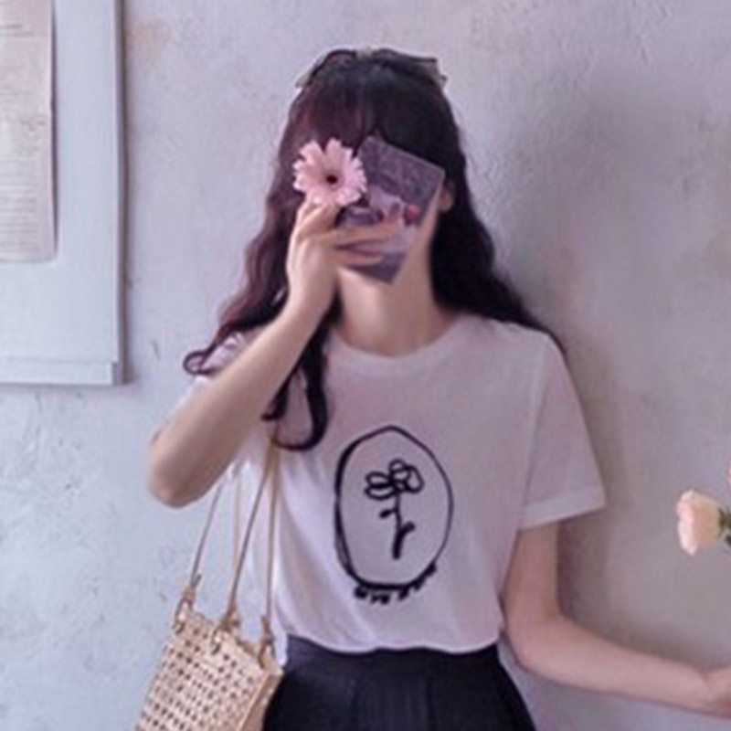 韩国代购直邮2026夏Leelin盐系日常少女圆领花朵刺绣短袖T恤女