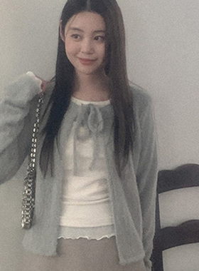 韩国代购直邮Heylady春温柔气质淑女蕾丝边系带长袖针织开衫女