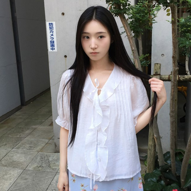韩国代购直邮2026夏Daybin法式甜美风荷叶边系带减龄浪漫短袖衬衫