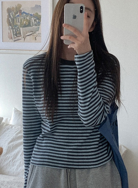 韩国代购直邮Heylady春百搭通勤日常条纹圆领柔软减龄套头针织衫