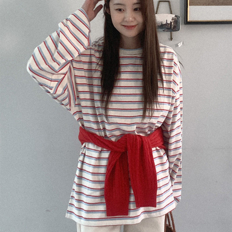 复韩国代购直邮Heylady春古条纹风宽松圆领套头百搭休闲长袖T恤女