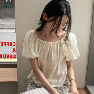 衬衫 韩国直邮Cherrykoko夏百搭甜美温柔淑女一字领宽松泡泡短袖 女