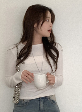 韩国代购直邮Heylady春设计感褶皱修身圆领显瘦假两件长袖T恤