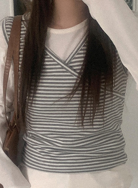 韩国代购直邮Heylady冬百搭日常V领条纹收腰叠穿修身外穿背心女