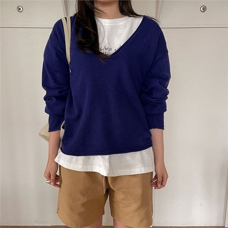 韩国代购直邮2026春韩系简约V领宽松百搭长袖套头毛衣羊毛针织衫