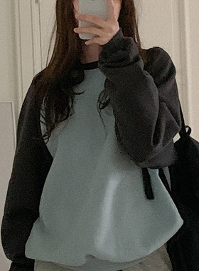 韩国代购直邮Heylady春百搭复古拼色时尚学院风圆领宽松加绒卫衣