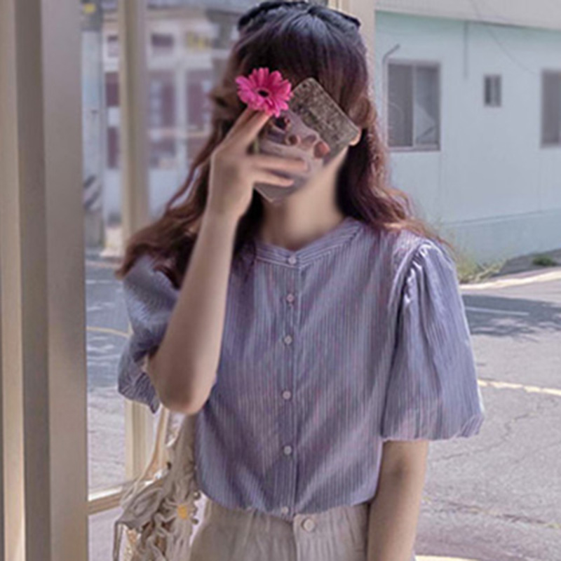韩国直邮Leelin夏百搭时尚甜美淑女条纹圆领宽松短袖衬衫女