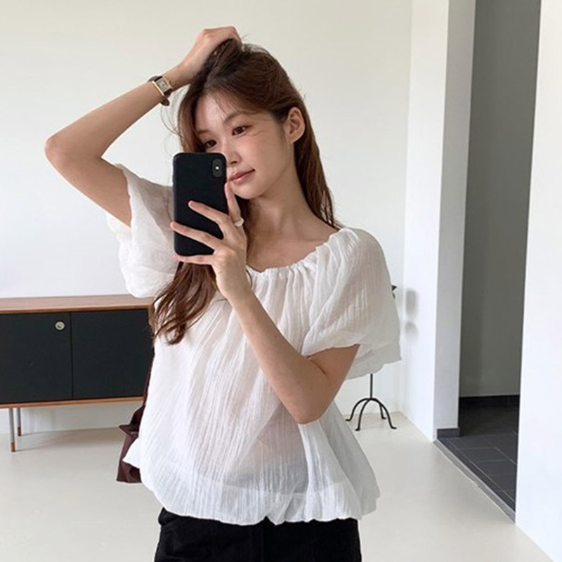 韩国代购直邮2026夏Flily法式温柔甜美显瘦方领泡泡袖短袖衬衫女