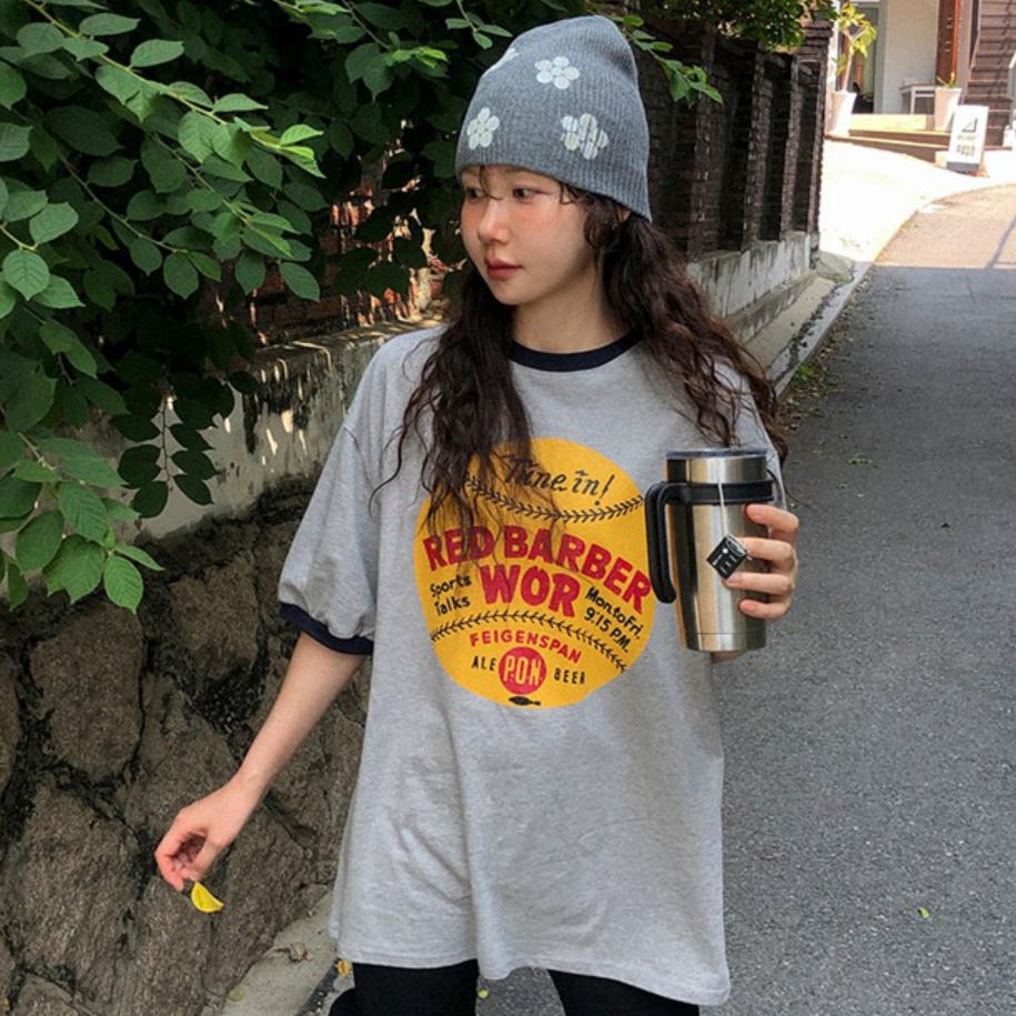 韩国代购直邮2026夏美式复古印花短袖T恤圆领宽松情侣装休闲灰色