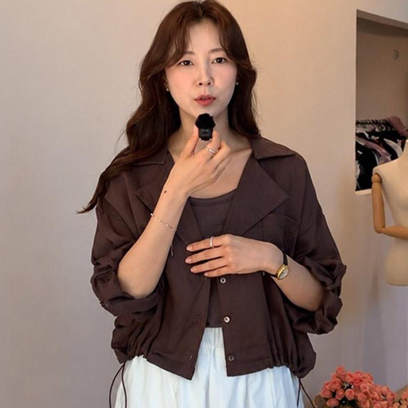 韩国代购直邮2026夏Leelin复古百搭翻领宽松轻薄长袖短款外套女