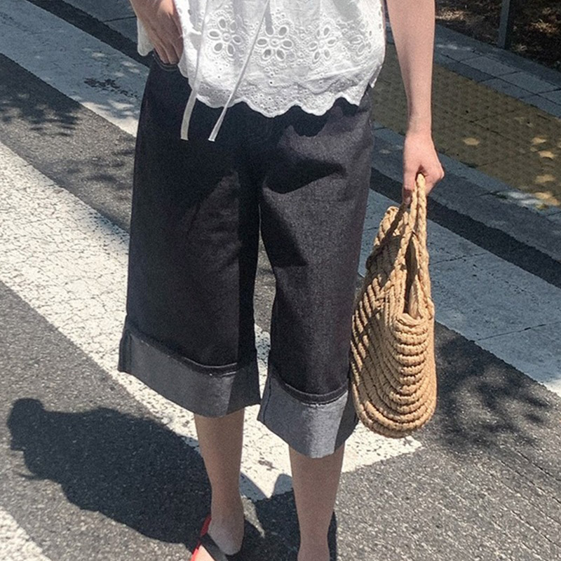 韩国代购直邮2026夏Heylady复古风卷边阔腿女宽松直筒牛仔五分裤