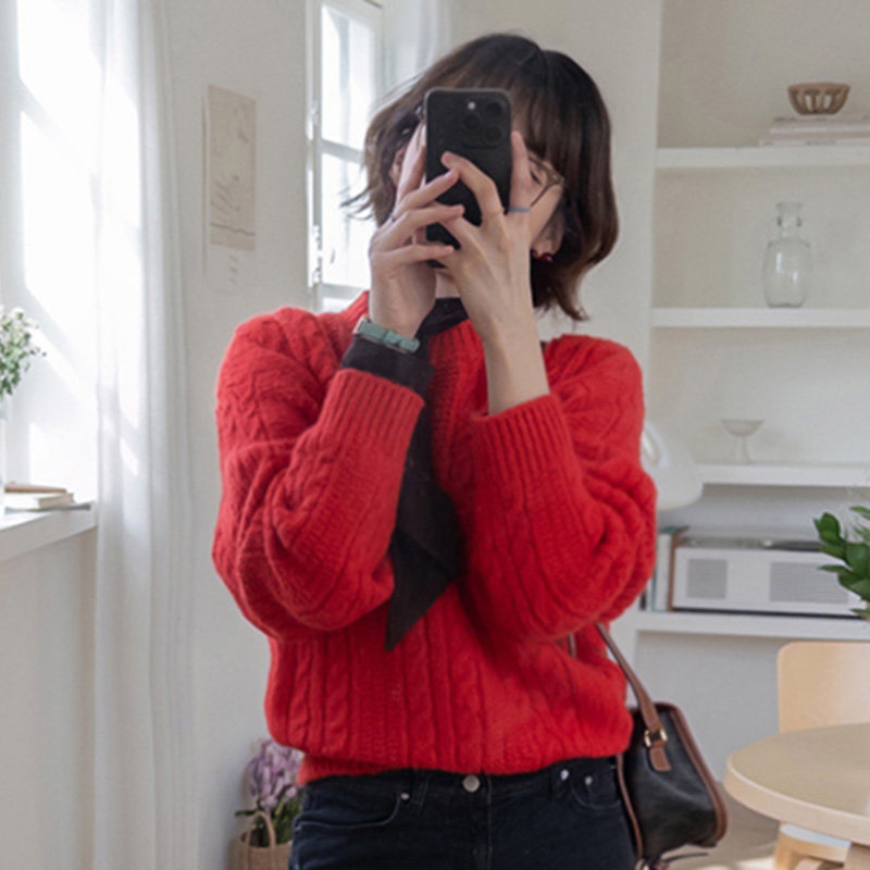 韩国代购直邮Leelin冬圆领慵懒风套头宽松复古保暖麻花长袖毛衣女