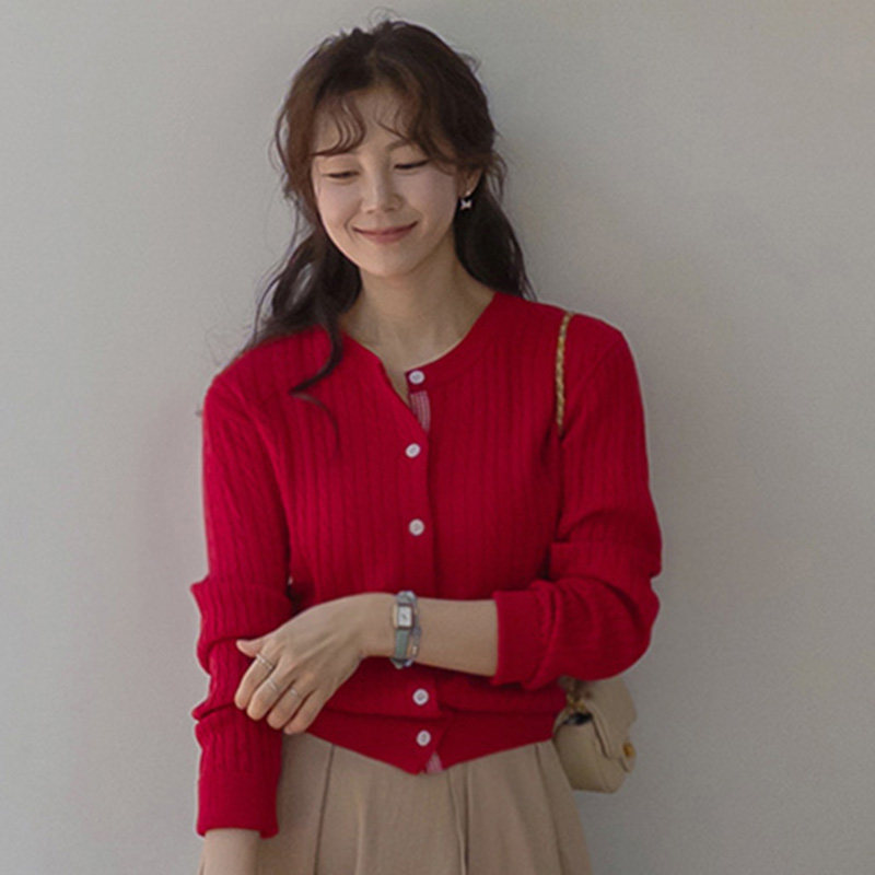韩国直邮Leelin秋百搭简约日常淑女圆领显瘦系扣针织开衫上衣女