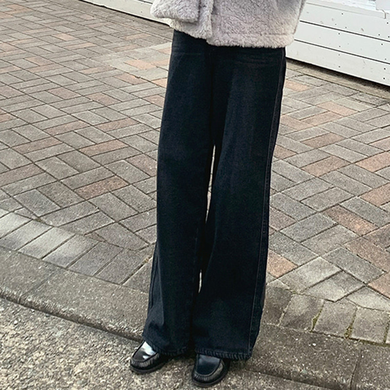 韩国代购直邮Fine-thankyou冬慵懒风高腰显腿长宽松牛仔长裤女