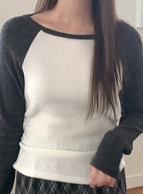 韩国代购直邮Heylady春百搭水女通勤复古圆领撞色插肩长袖T恤女