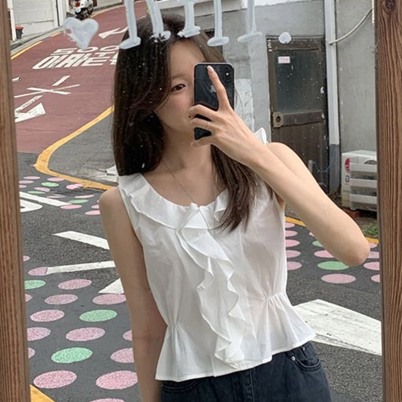 韩国代购直邮2026夏Cherrykoko优雅风无袖荷叶边圆领收腰衬衫女