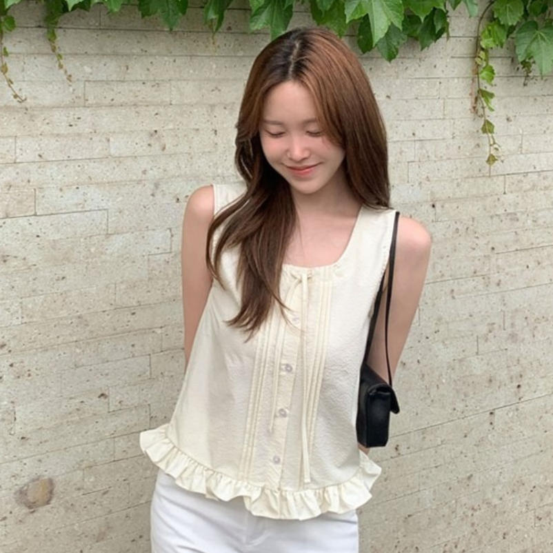 韩国代购直邮2026夏Cherrykoko温柔甜妹荷叶边无袖背心宽松短款