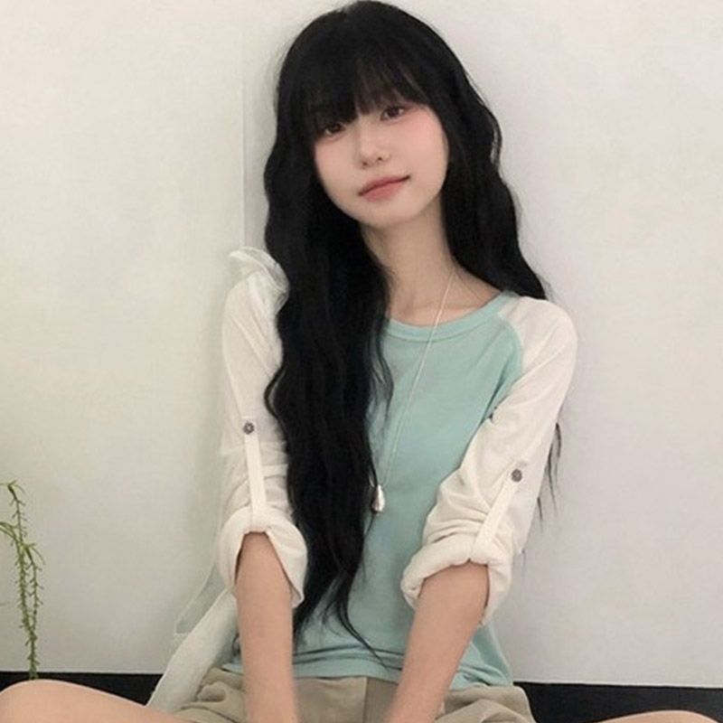 韩国代购直邮2026秋Vinvle休闲百搭日常修身显瘦拼色七分袖T恤女