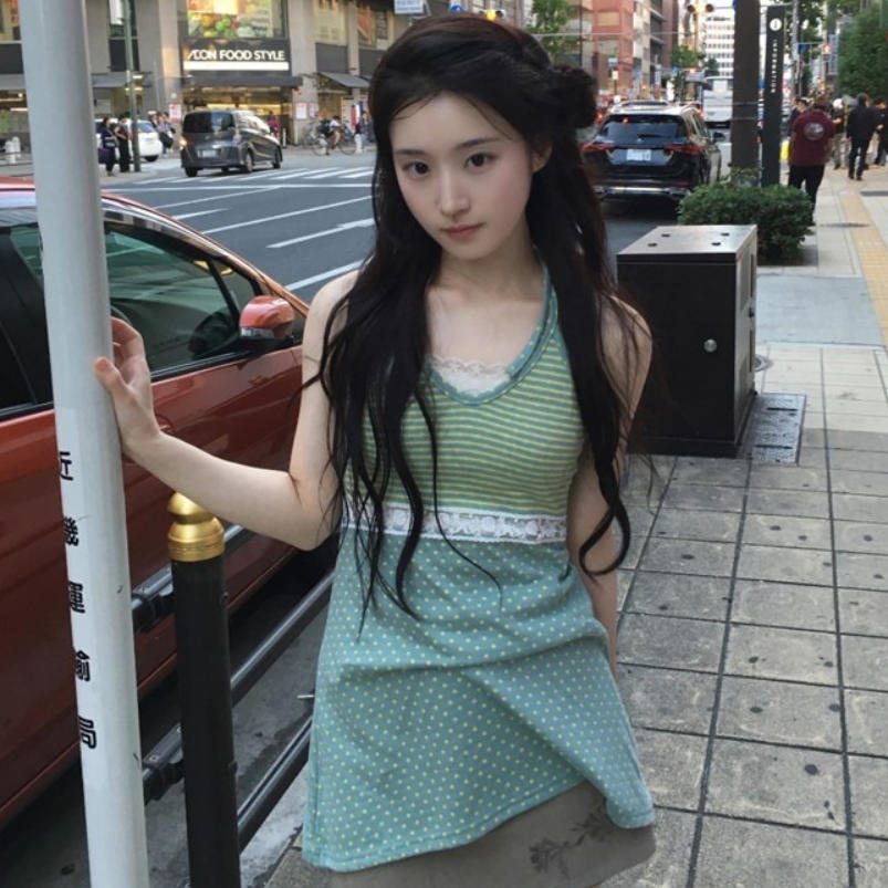 韩国代购直邮2026夏Daybin甜美少女风条纹波点蕾丝挂脖吊带背心