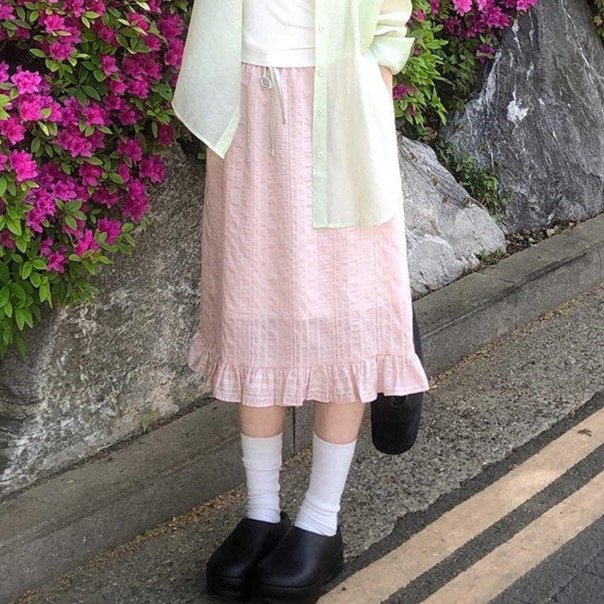 韩国代购直邮2026夏Vinvle甜美风粉色木耳边碎花温柔少女风半身裙
