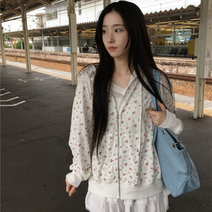 韩国代购直邮2026夏Daybin甜美风碎花连帽宽松百搭拉链开衫卫衣女