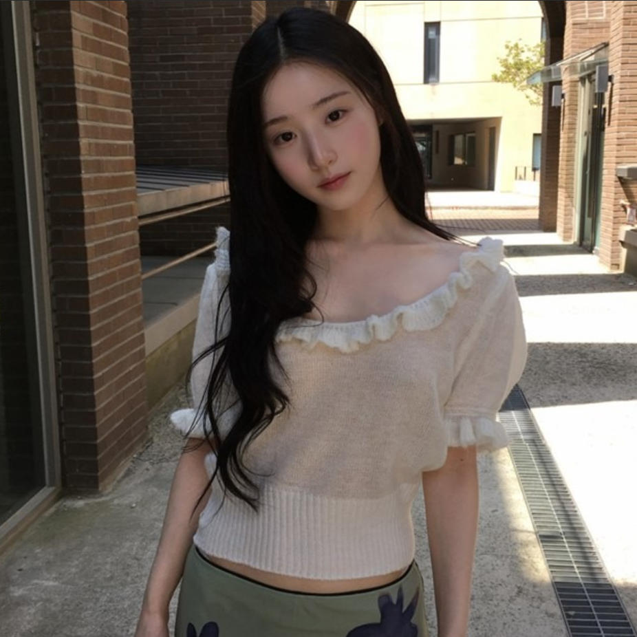 韩国代购直邮2026夏Daybin温柔甜美风木耳边泡泡袖短款短袖针织衫